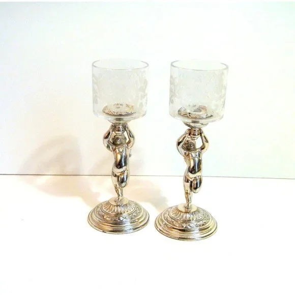 Pairpoint Silver Plate Cherub Votive Holders with Etched Glass PAIR - Picture 9 of 9